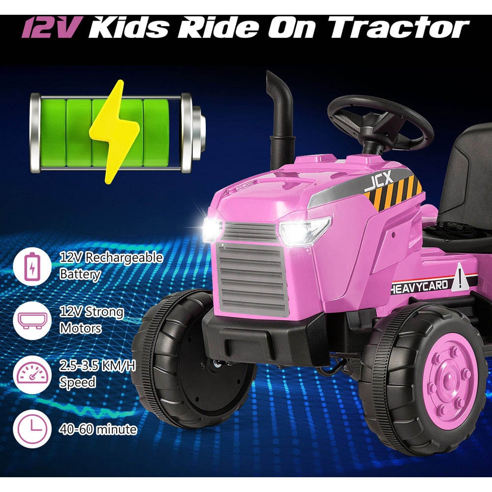 Costway Kids Pink Ride On Tractor with Trailer and Remote Control 12V Image 6