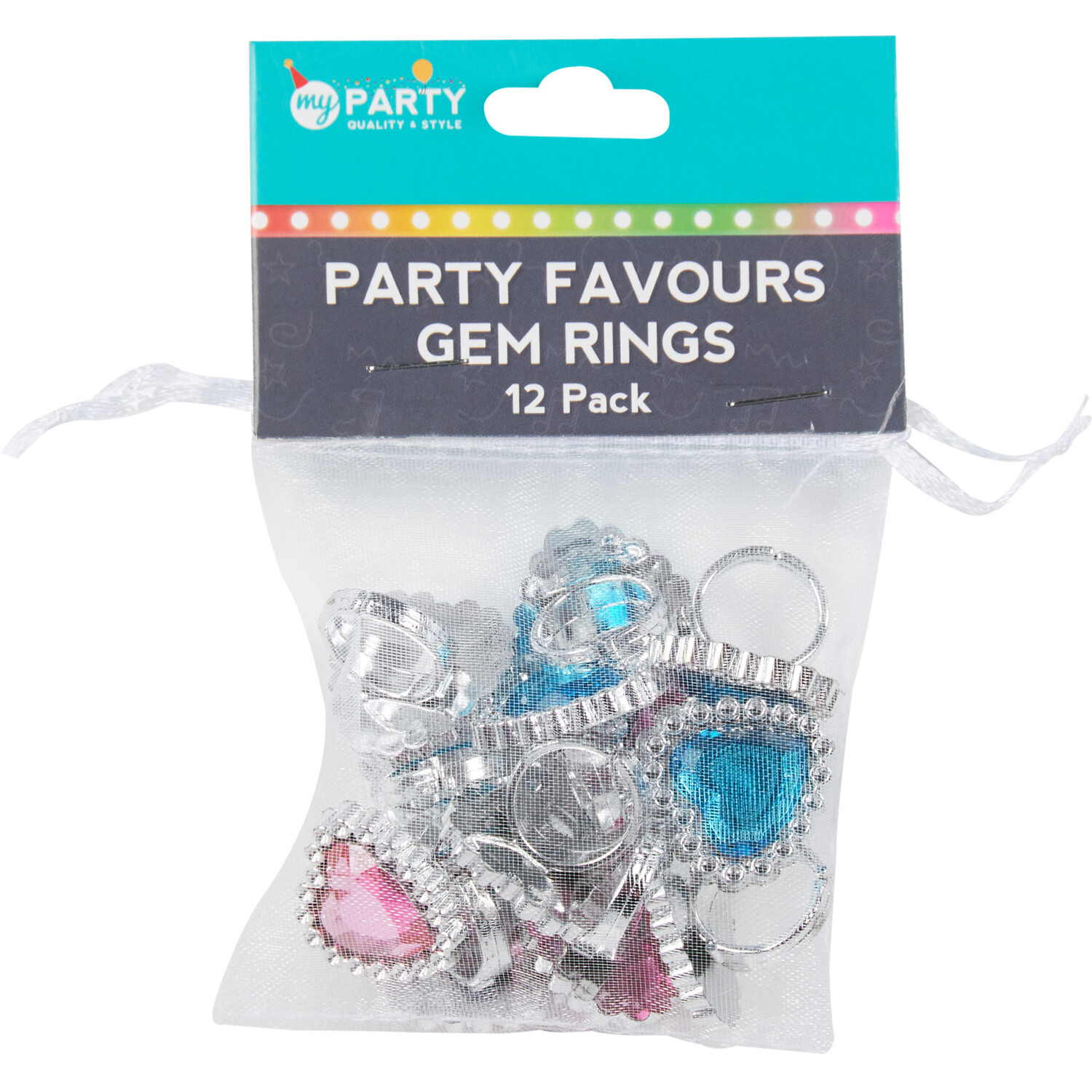 Pack of 12 Gem Rings Party Favours - Blue or Pink Image 1