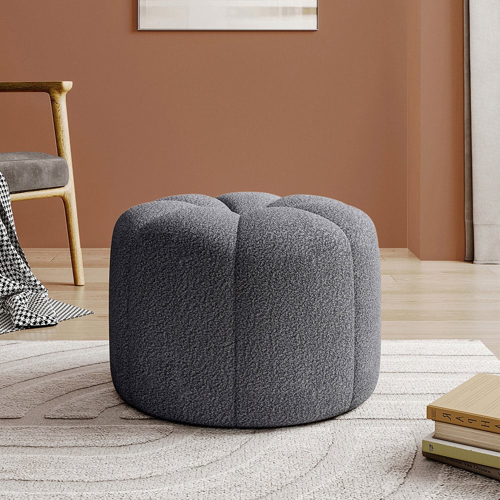 Living and Home Grey Channel Upholstered Round Ottoman Footstool Image 3