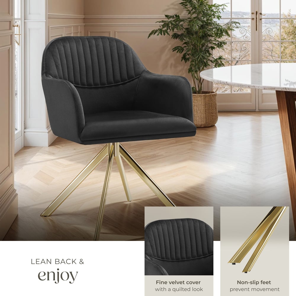 tectake Lona Set of 2 Black and Gold Velvet Upholstered Swivel Armchair Image 4