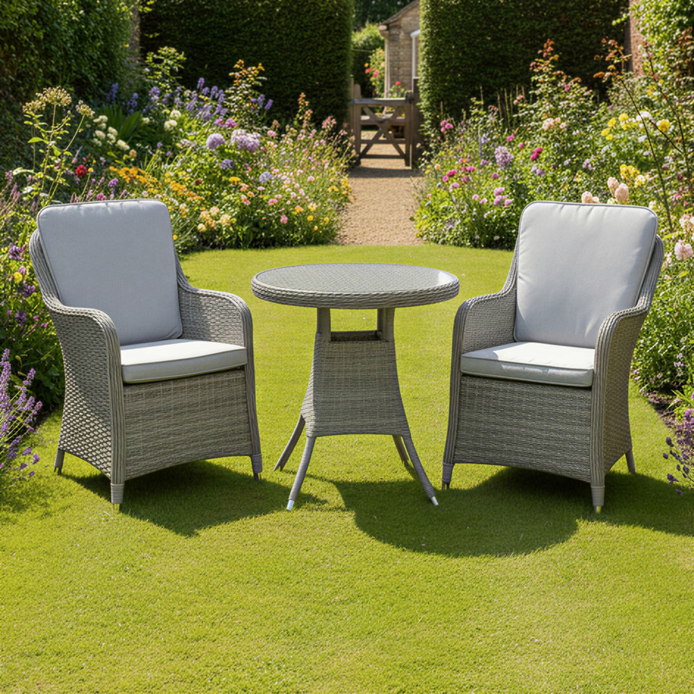 Oseasons Hampton 2 Seater Dove Grey Rattan Bistro Set with Light Grey Cushions Image 4