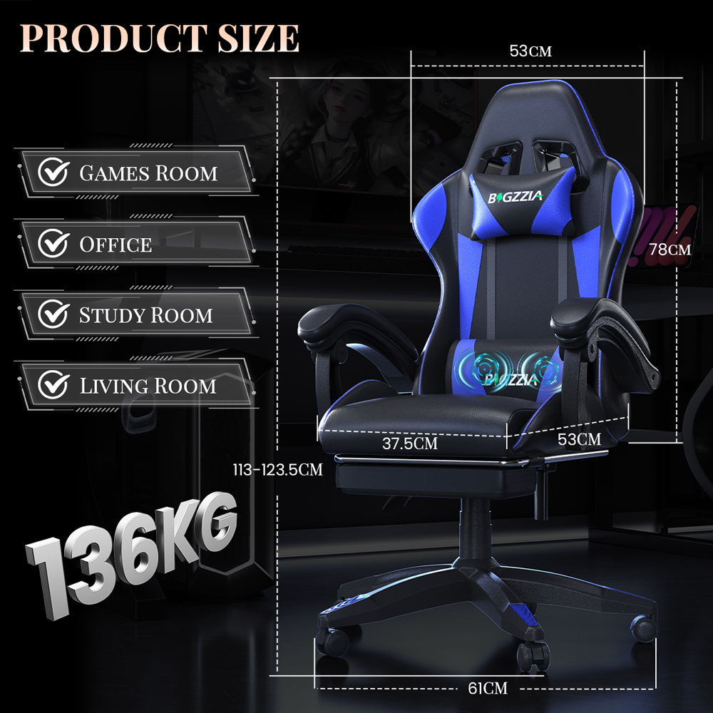 Rattrix Blue Reclining Gaming Chair with Massage Lumbar Cushion and Footrest Image 9