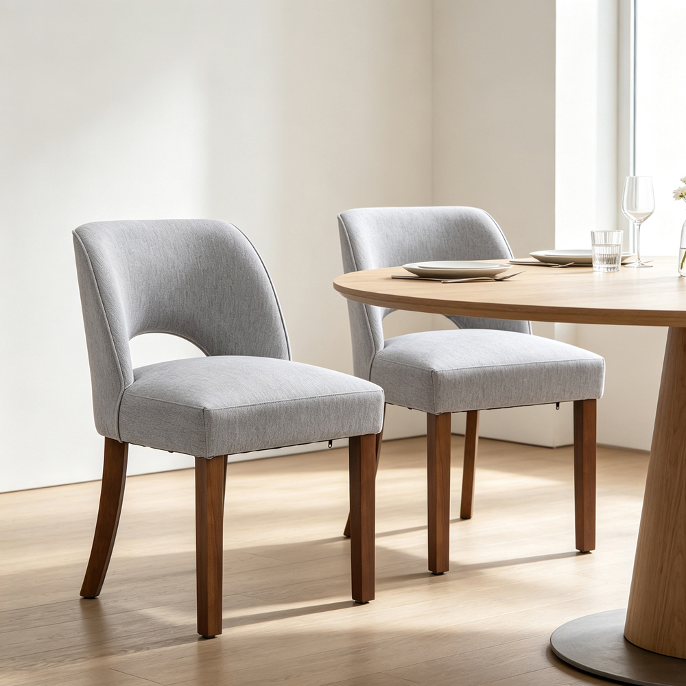 Living and Home Set of 2 Grey Chenille Curved Cutout Backrest Dining Chair Image 7