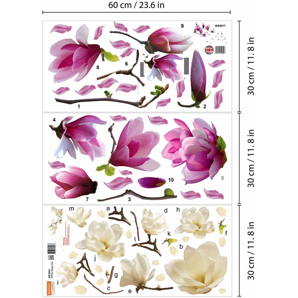 Walplus Flower Theme White and Pink Magnolias Self Adhesive Wall Stickers with Swarovski Butterflies Image 6