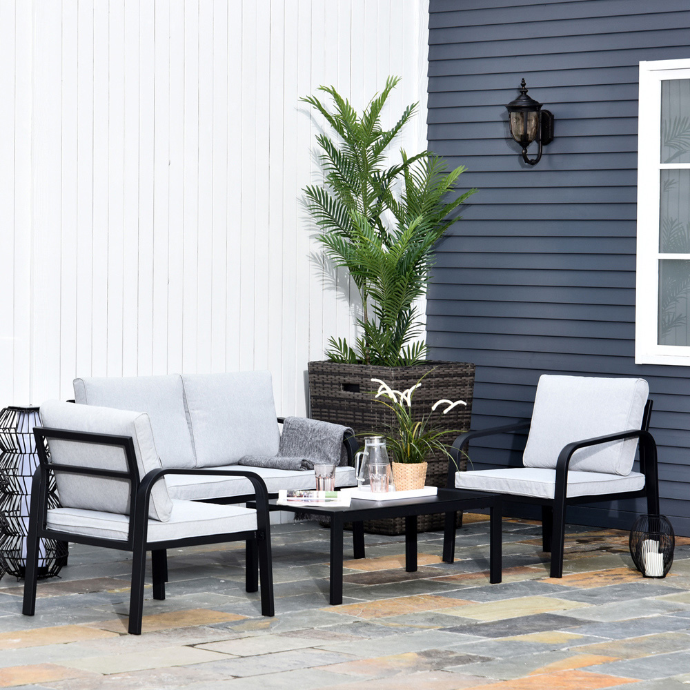 Outsunny 4 Seater Black Garden Furniture Set with Cushions Image 1