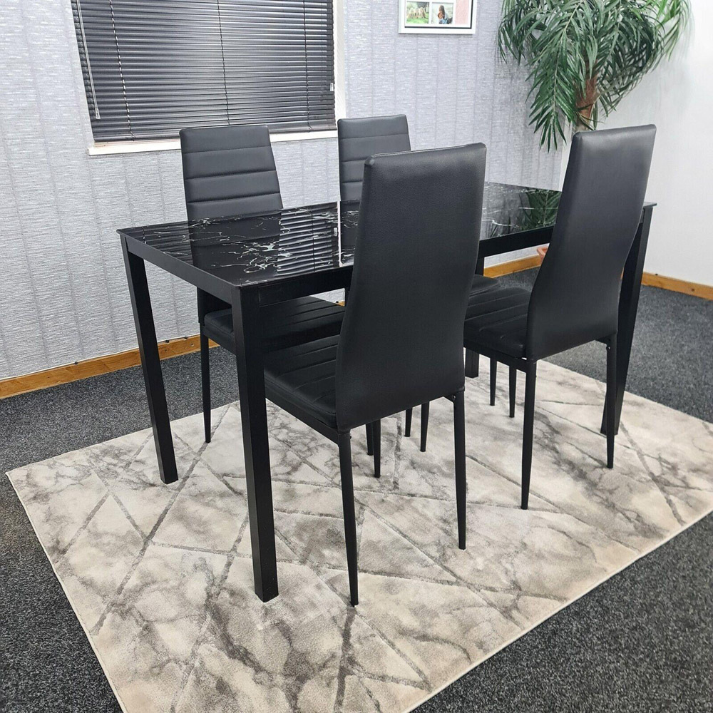 Portland Marble Effect Glass 4 Seater Leather Dining Set Black Image 5