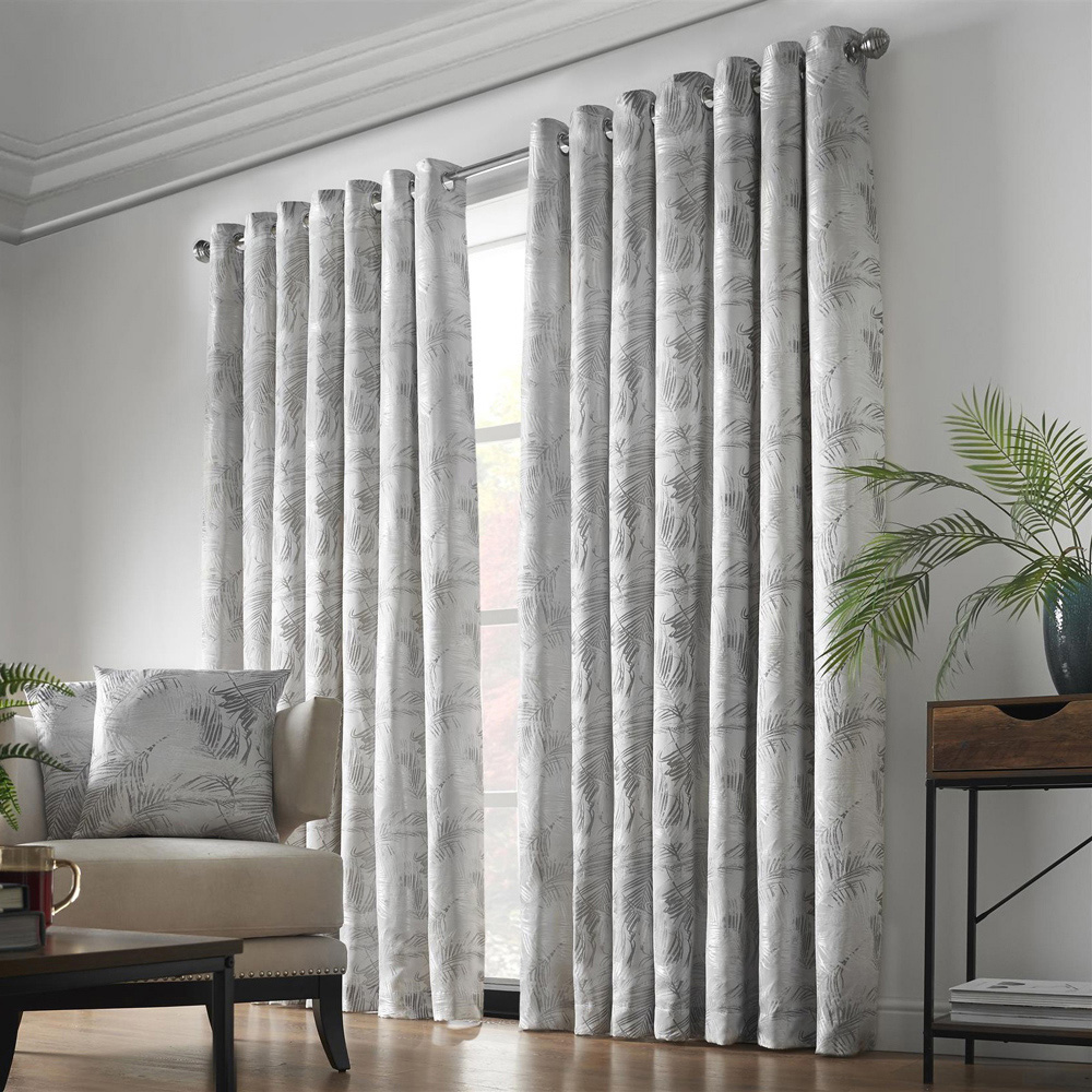 Alan Symonds Dupion Silver Fern Jacquard Ring Top Eyelet Curtains 117 x 229cm Image 2