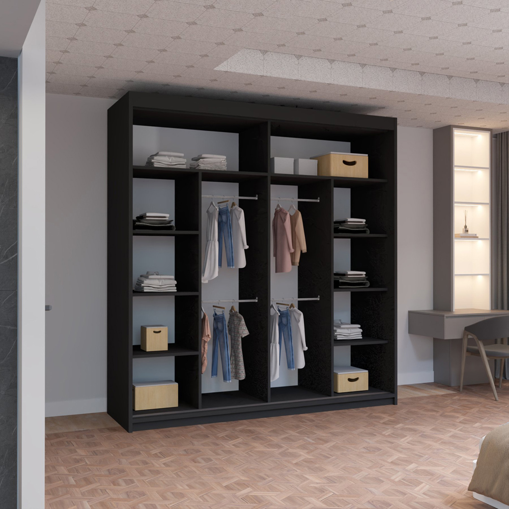 M N Furniture Roman 2 Door Black and Oak Mirrored Sliding Wardrobe 203cm Image 4