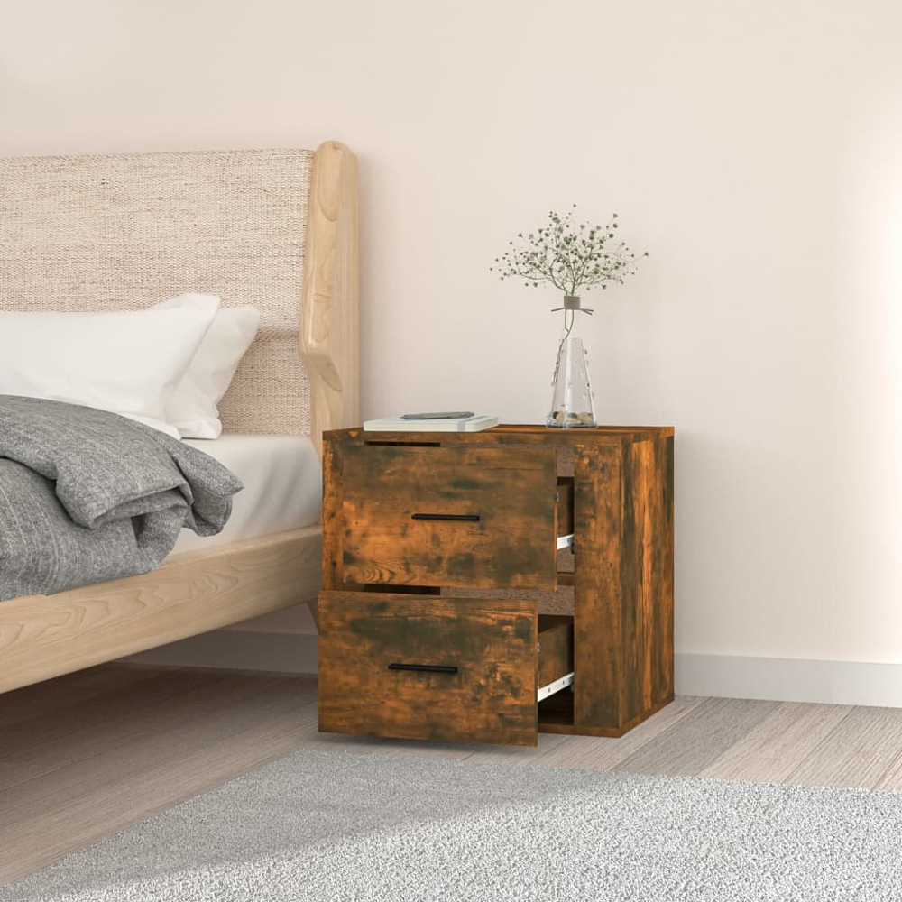 vidaXL 2 Drawer Smoked Oak Wall Mounted Bedside Cabinet Image 9