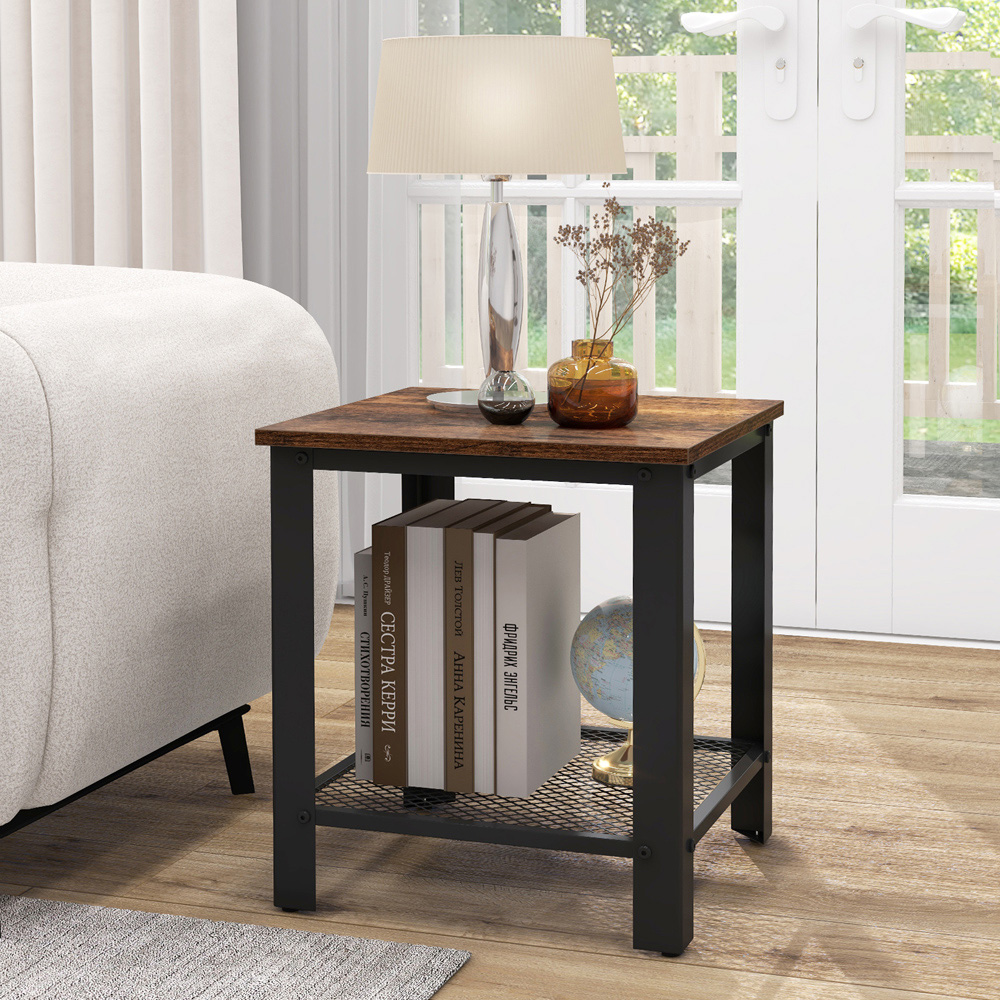 Costway Single Shelf Rustic Brown Square Sofa Side Table Image 3