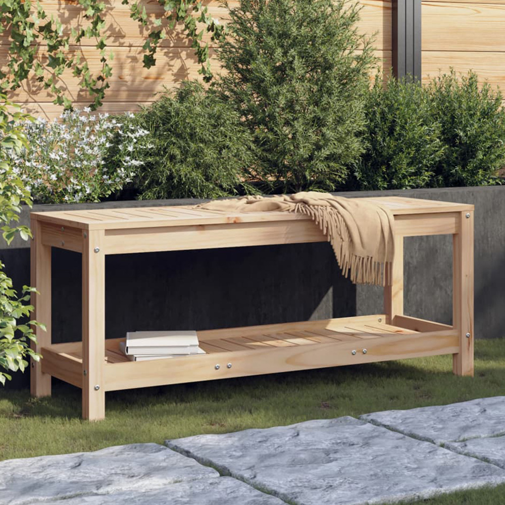 vidaXL 2 Seater Natural Solid Pine Wood Slatted Garden Bench with Shelf Image 1