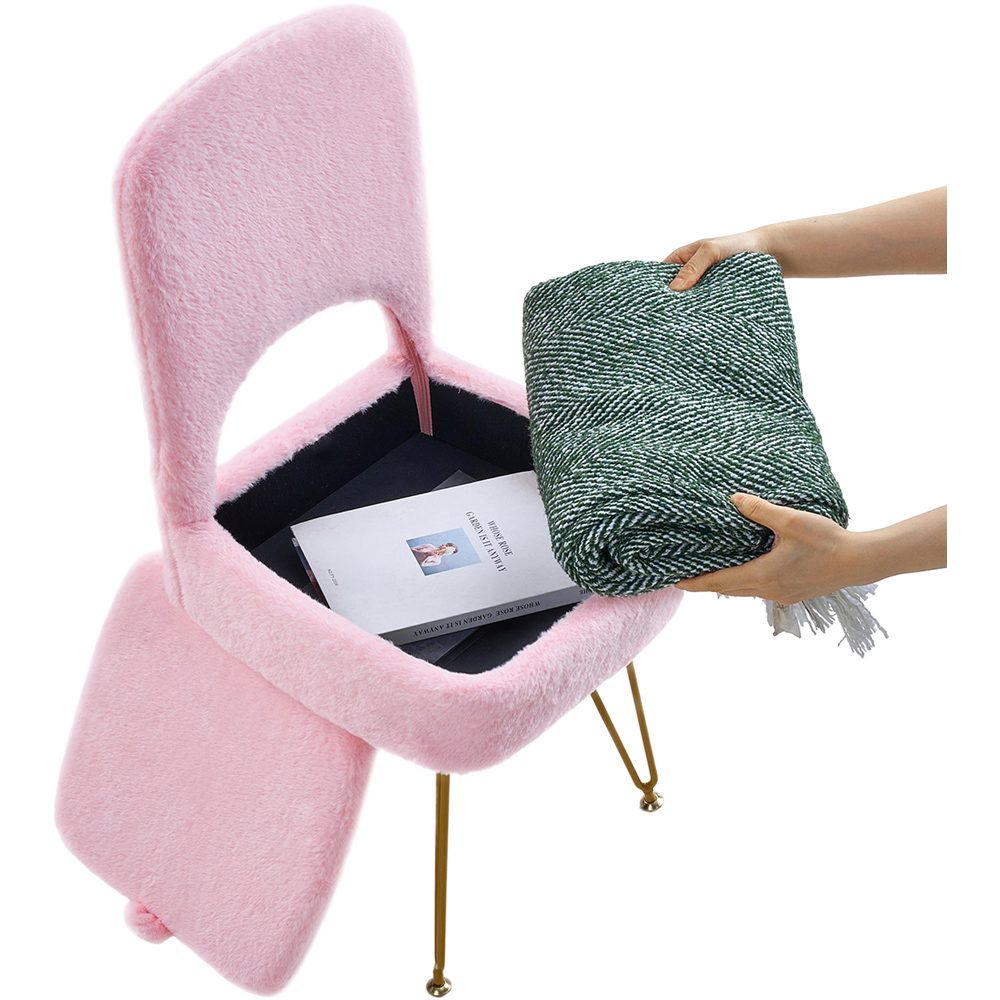 Living and Home Pink Faux Rabbit Fur Foldable Backrest Vanity Chair with Hidden Storage Image 3