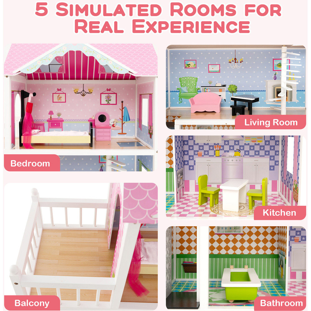 Costway Pink Kids Wooden Dollhouse with Working Elevator Image 4