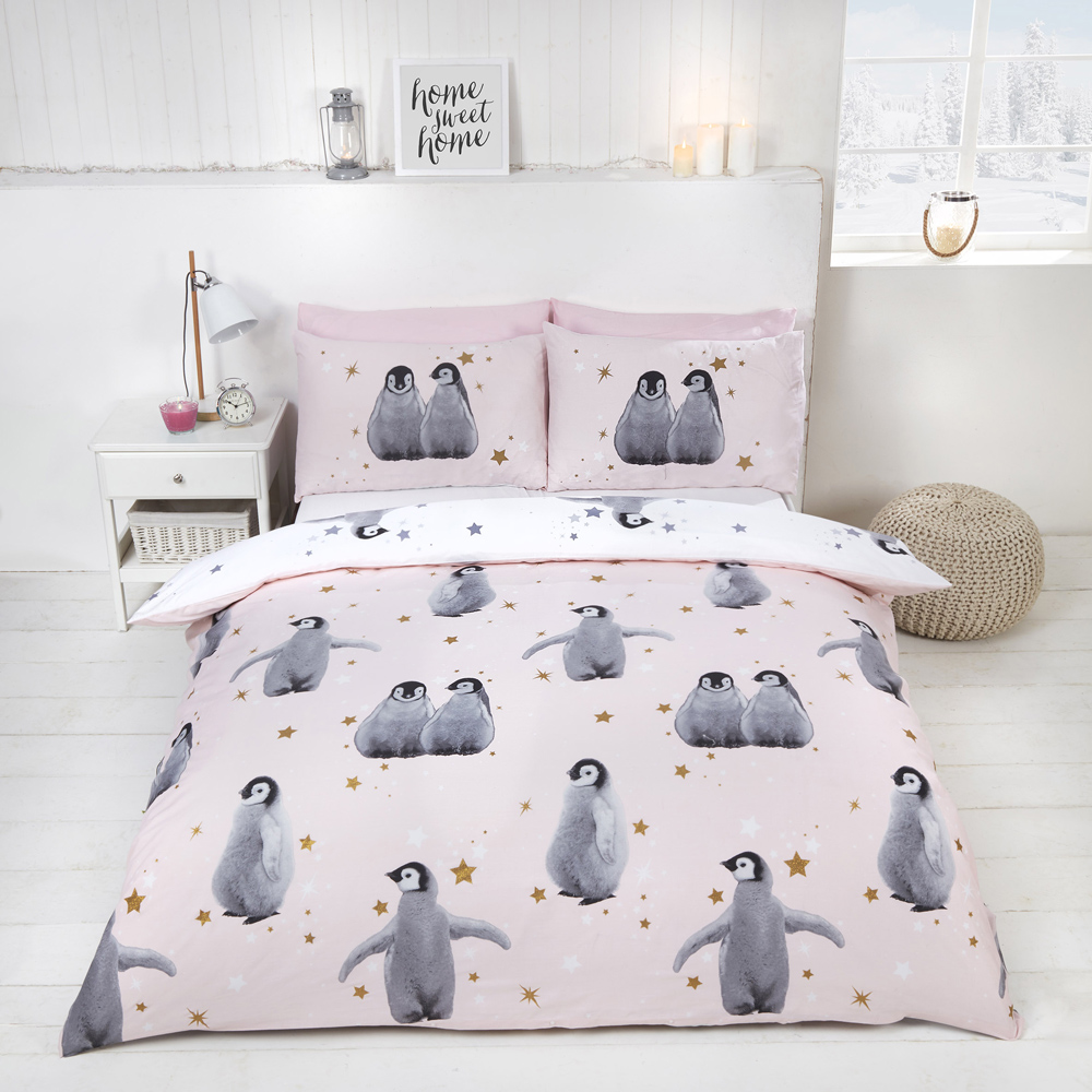 Rapport Home Starry Penguins Double Pink Duvet Set Image 1