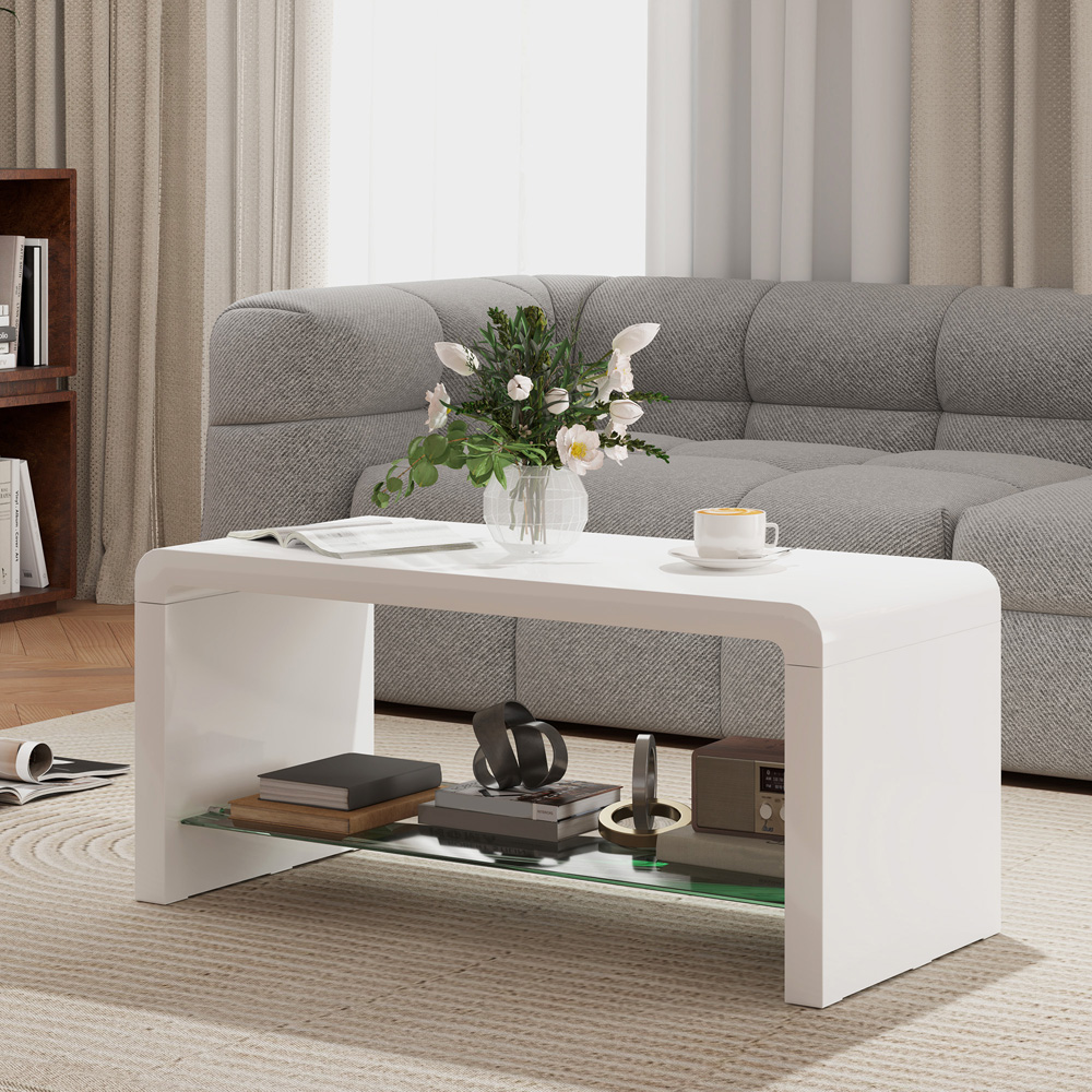 HOMCOM 2-TierHigh Gloss White Storage Coffee Table Image 5