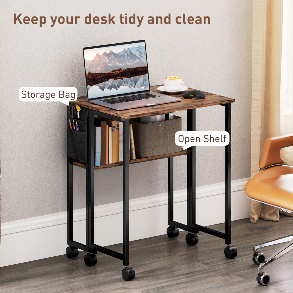 HOMCOM Single Shelf Foldable Computer Desk with Wheels and Side Bag Rustic Brown Image 5