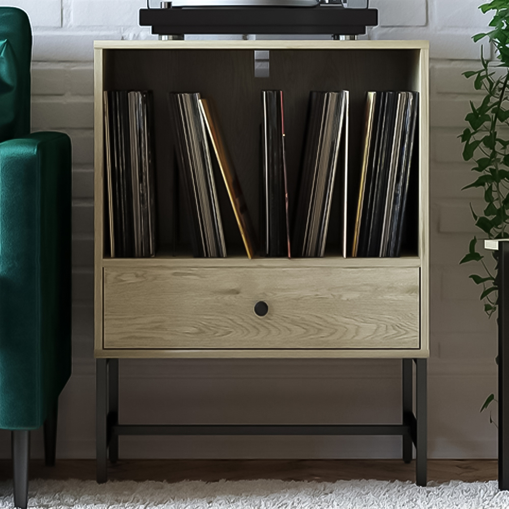 Dorel Tamlin Single Drawer Oak Record Stand Image 1