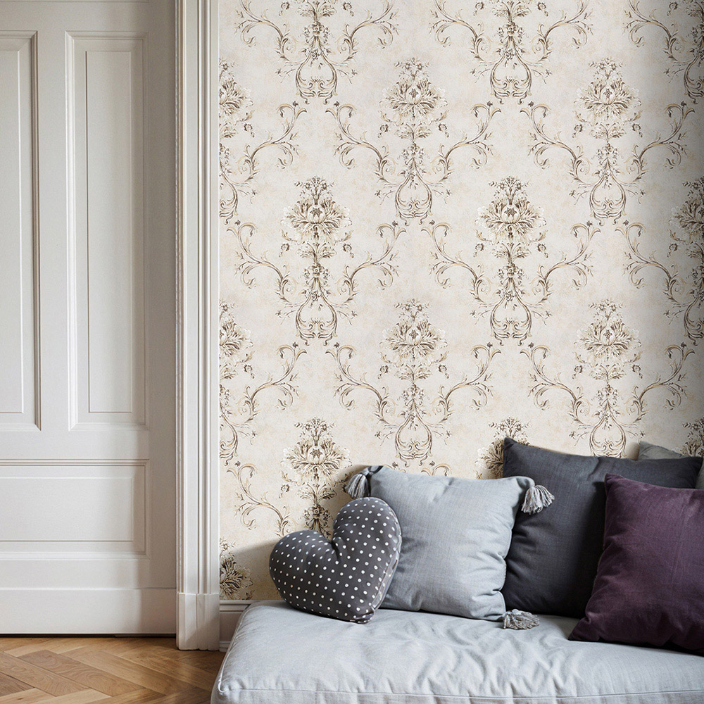 Living and Home Damask Pattern 3D Embossed Light Cream Non-Pasted Non-Woven Vintage Wallpaper Image 2