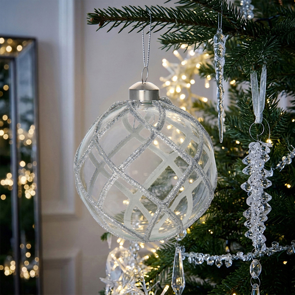 Silver Glitter Wrapped Patterned Bauble Image 2