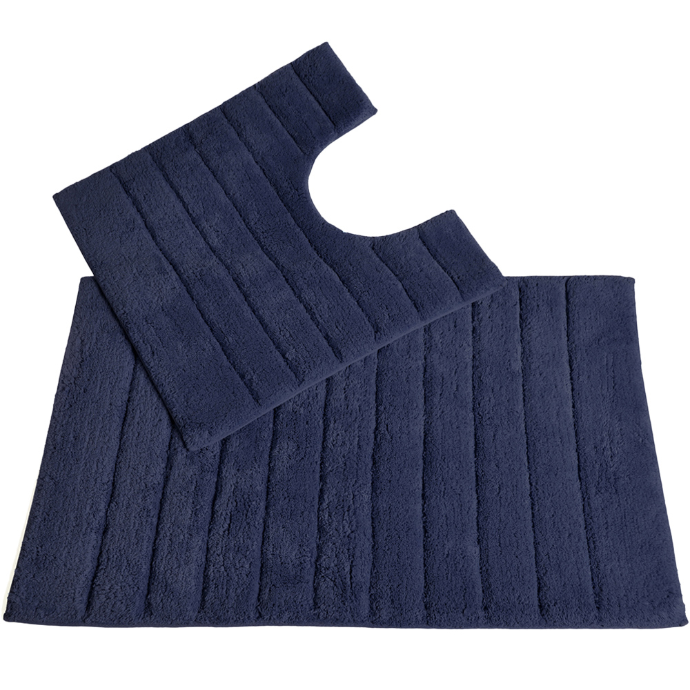 Allure Bath Fashions Navy Ribbed Bath Mat and Pedestal Mat Set 2 Piece Image 1