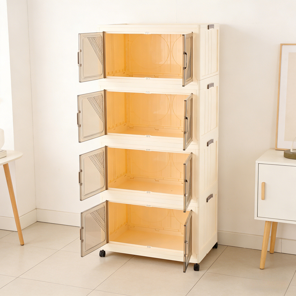 Living and Home 4-Tier Cream and Amber Transparent Foldable Storage Cabinet with Castors Image 7