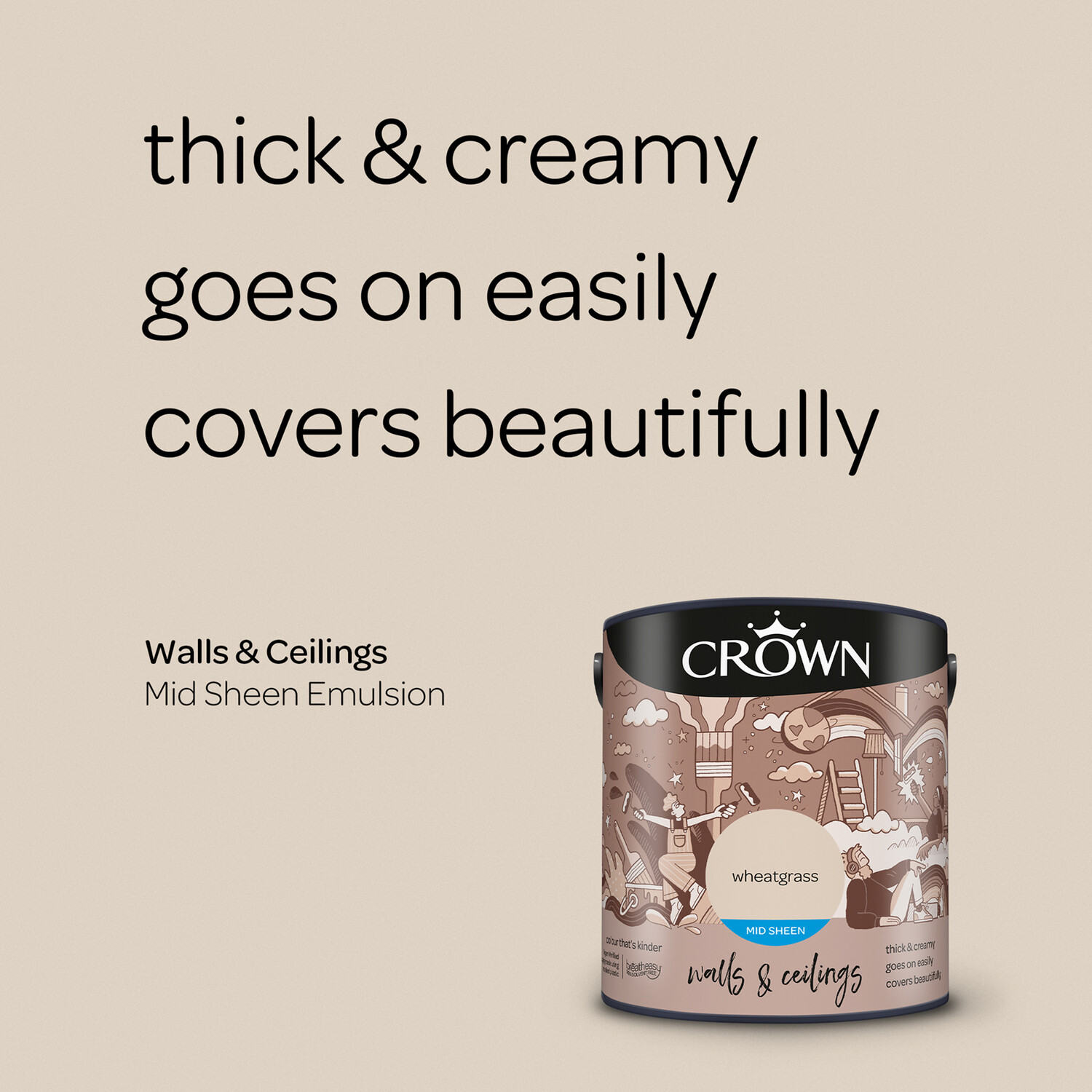 Crown Walls & Ceilings Wheatgrass Mid Sheen Emulsion Paint 2.5L Image 8