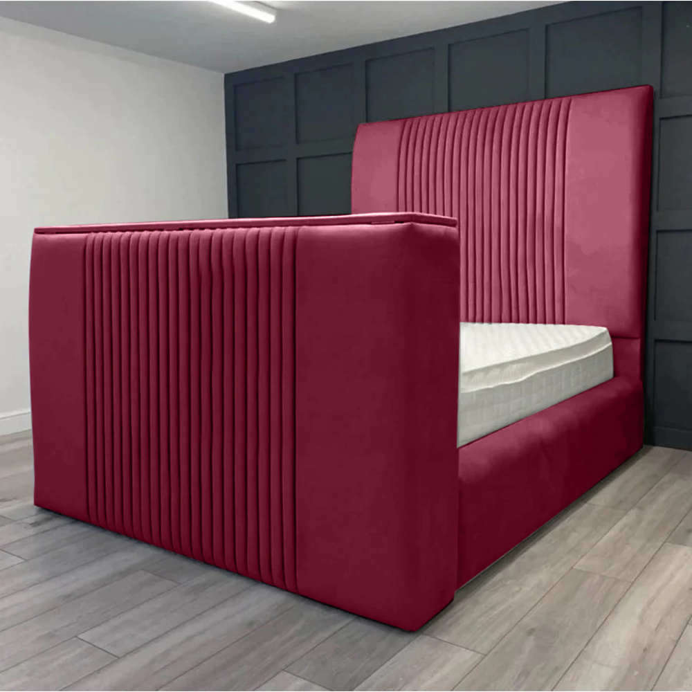 Eleganza Home Emri Double Maroon Plush Velvet TV Bed Frame with Lined Headboard Image 1