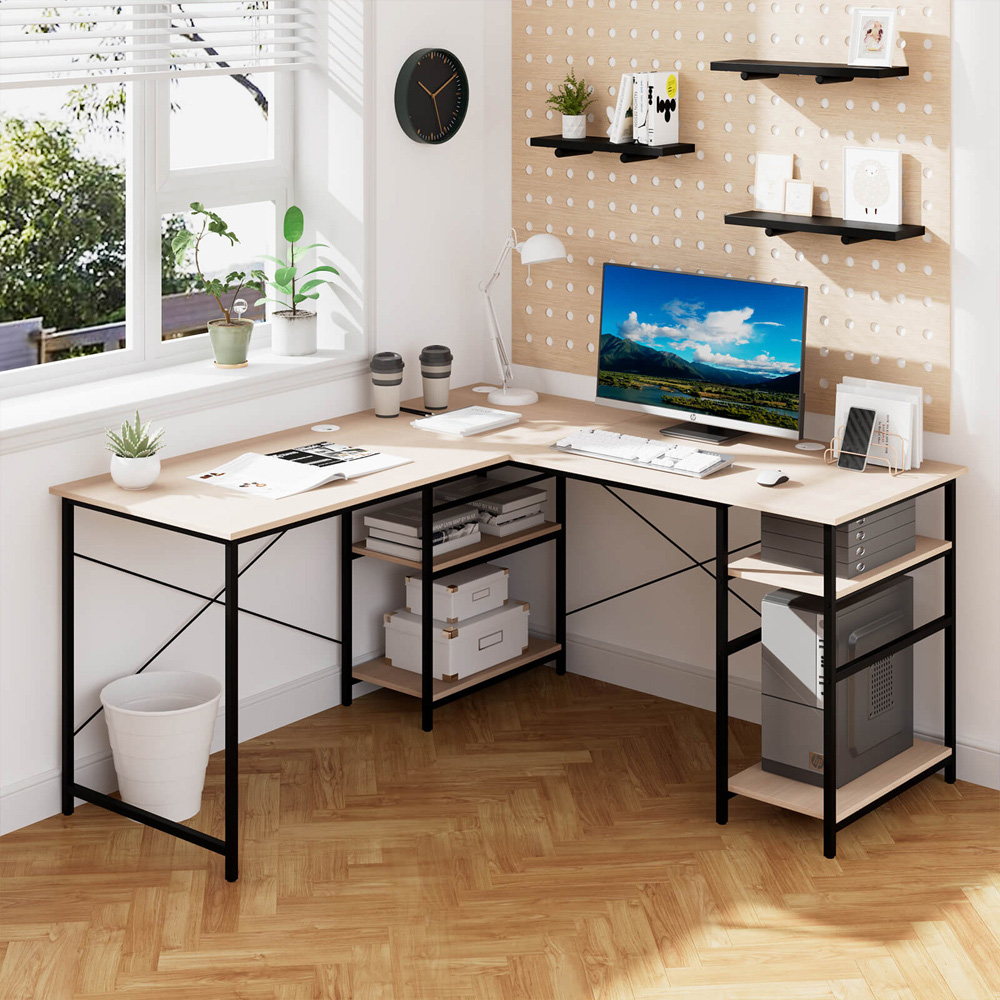Costway 4 Shelf Natural L-Shaped Wooden Industrial Desk Image 1