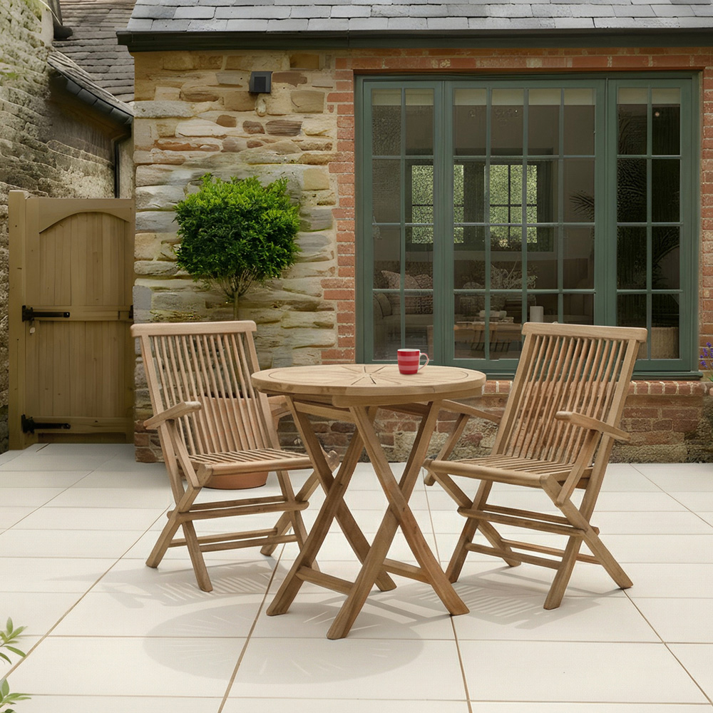 Charles Bentley Teak Wood Foldable Round Slatted Sundial Top Garden Bistro Table Image 8