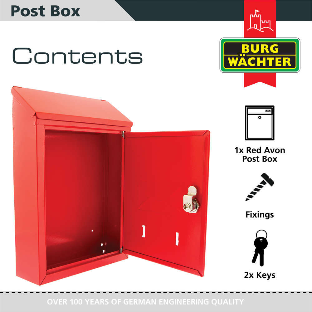 Burg-Wachter Avon Red Galvanised Steel Wall Mounted Top Opening Lockable Post Box 30 x 21 x 7cm Image 3
