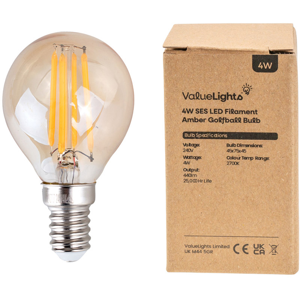 ValueLights Retro 2 Pack SES E14 LED 4W Filament Amber Tinted Warm White Golfball Light Bulb Image 2