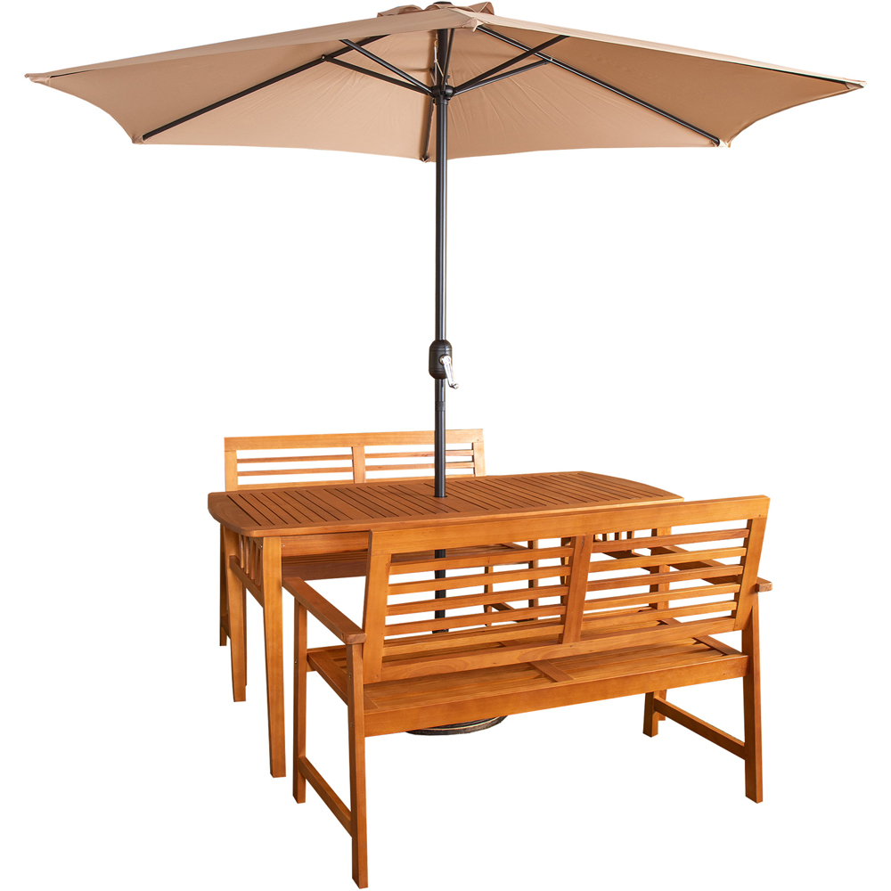 Samuel Alexander 4 Seater Wooden Rectangular Dining Bench Set with Beige Havana Parasol and Base Image 2