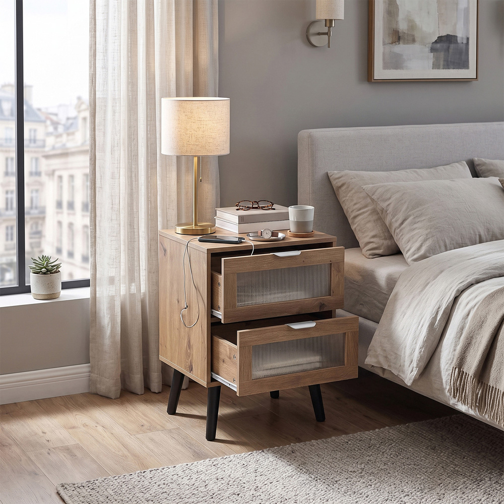 Living and Home 2 Drawer Light Wood Grain Acrylic Bedside Table Image 8