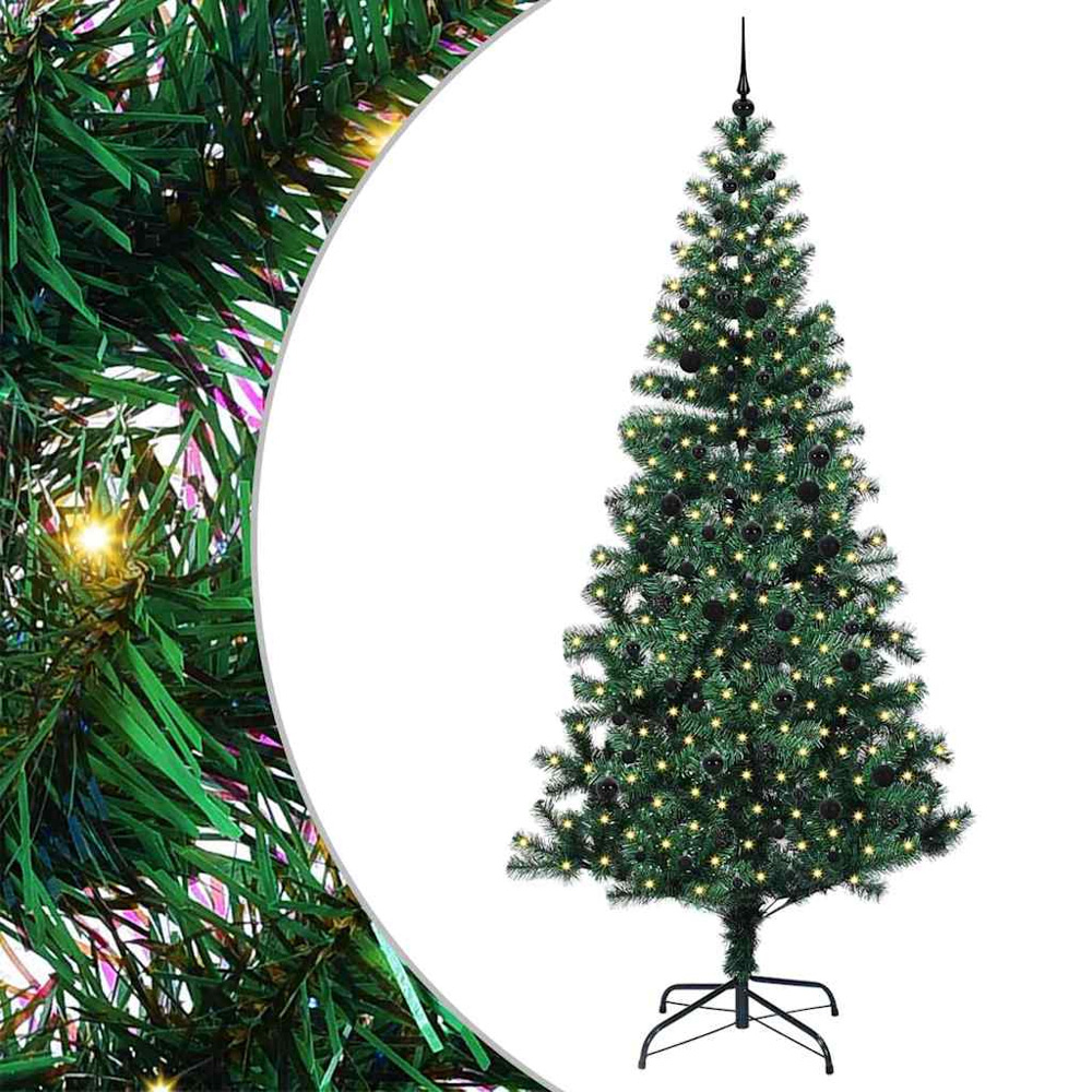 vidaXL Pre-Lit Black Baubles Green Artificial Christmas Tree 8ft Image 2