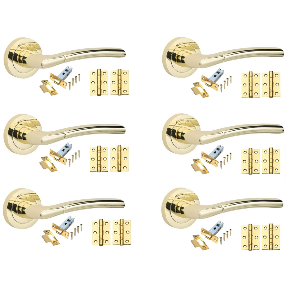 Golden Grace Polished Brass Indiana Door Handles Set 6 Pack Image