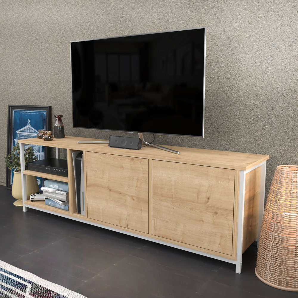Decorotika Primrose 2 Door 3 Shelf White and Oak TV Stand for 72 inch TV Image 6
