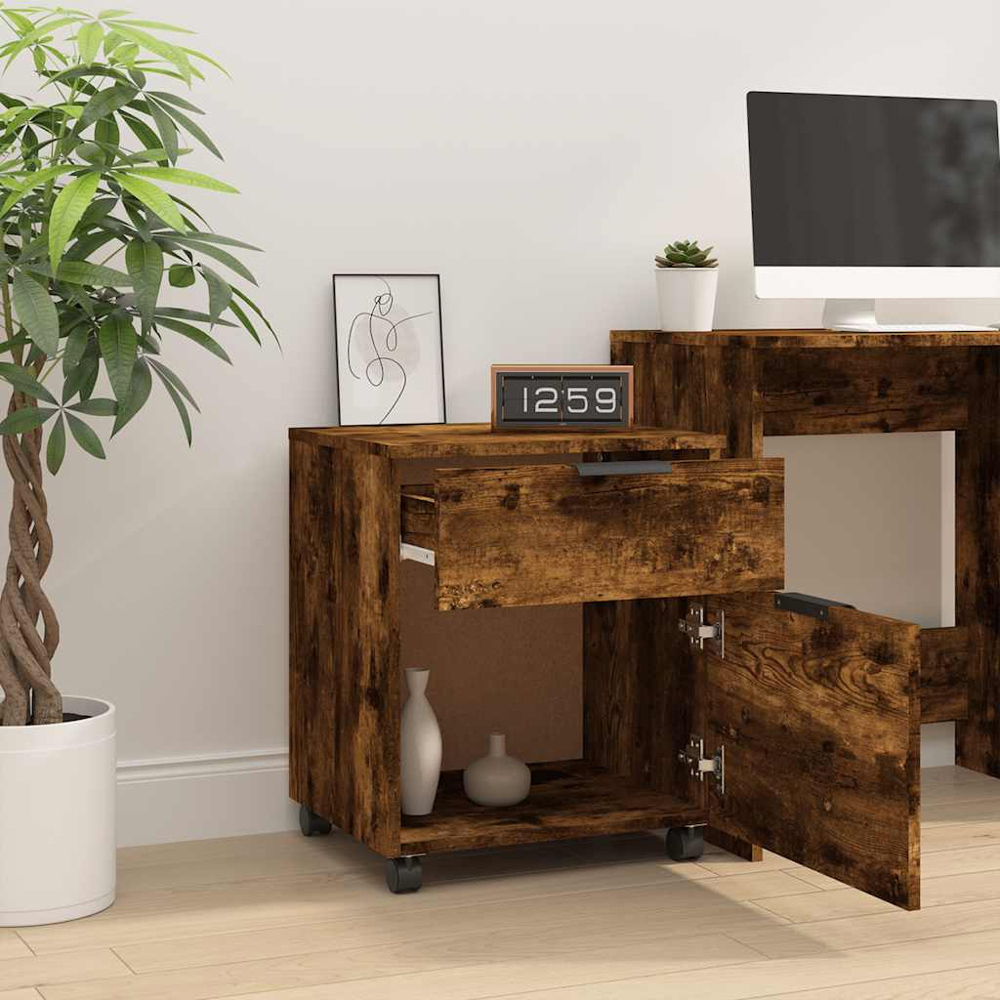 vidaXL Single Door Single Drawer Smoked Oak File Cabinet with Swivel Wheels Image 8