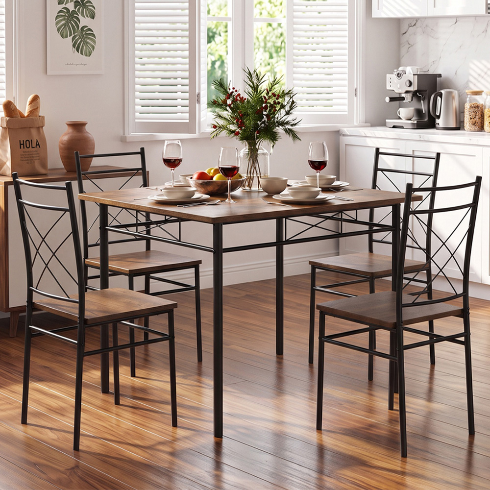 Living and Home 4 Seater Oak and Black Dining Set Image 1