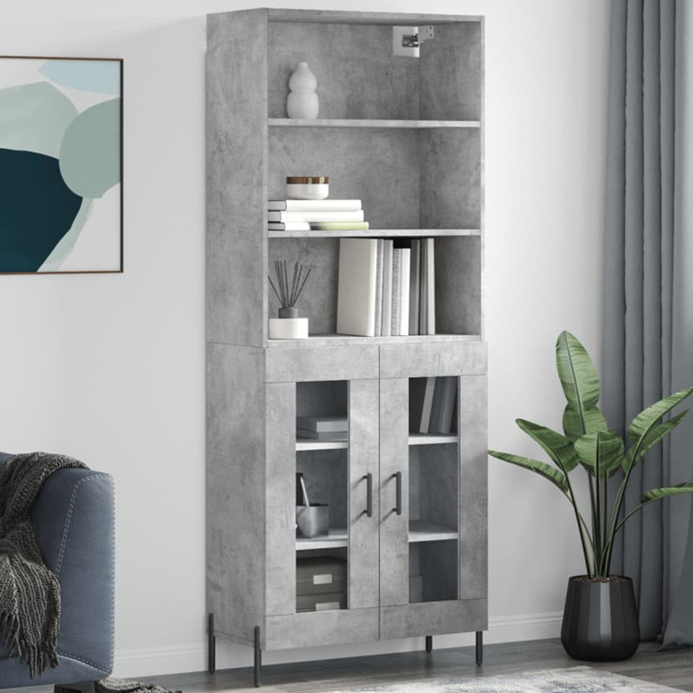 vidaXL 2 Glass Door 3 Shelf Concrete Grey Tall Highboard Image 1