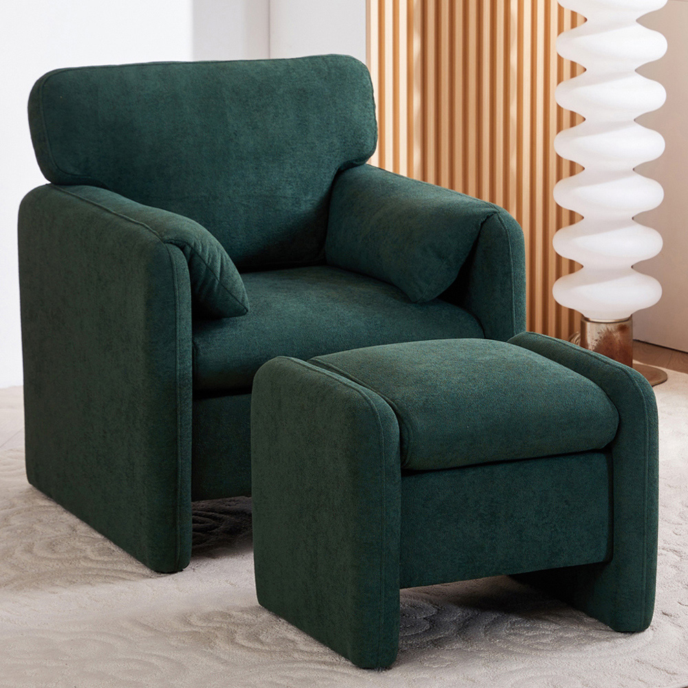 Living and Home Green Chenille Upholstered Armchair with Footstool Image 1