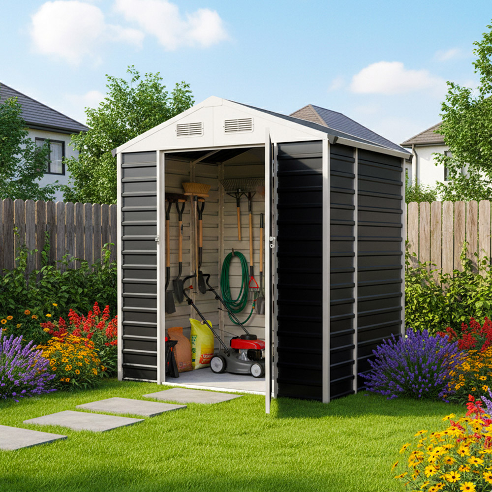 Living and Home 6 x 4ft Anthracite and White Metal Apex Garden Tool Storage Shed Image 7