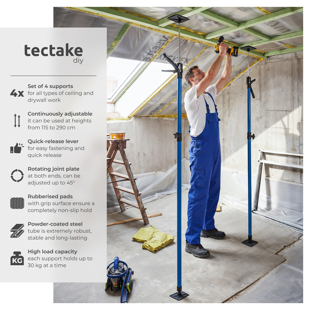 tectake Blue Adjustable Ceiling Support Shore Holder Plasterboard Props 115 to 290cm 4 Pack Image 6