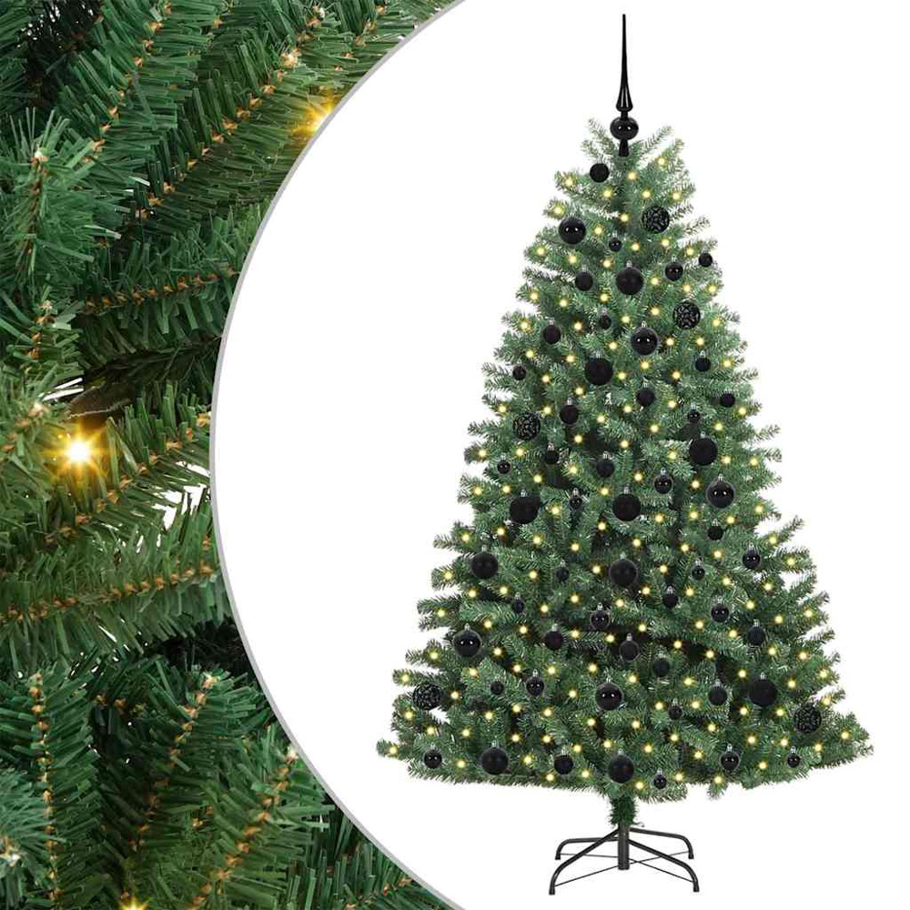 vidaXL Pre-Lit Black Baubles Green Artificial Hinged Christmas Tree 6ft Image 2