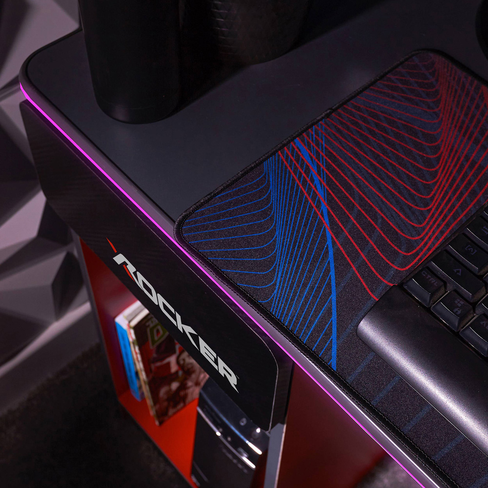 X Rocker Carbon-Tek Single Drawer Single Shelf Gaming Desk with Neo Fibre LED Lights Grey and Red Image 4