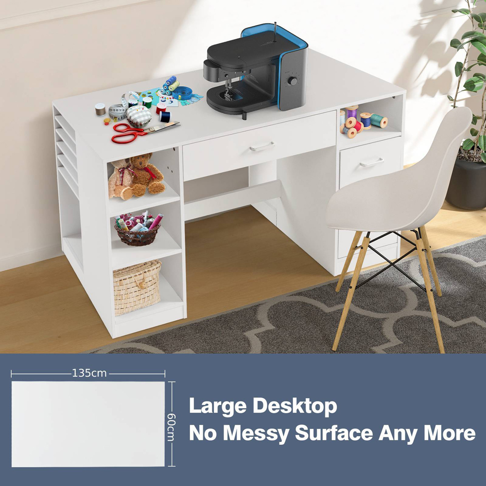 Costway 2 Drawer and 7 Shelf White Large Sewing Craft Table Image 7