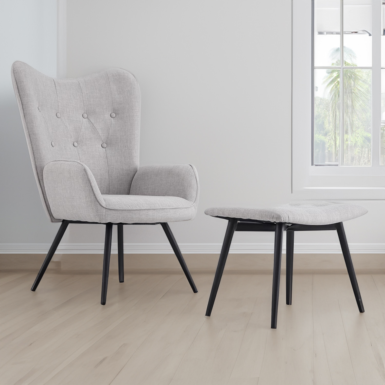 Grey Linen Accent Chair with Footstool Image 1