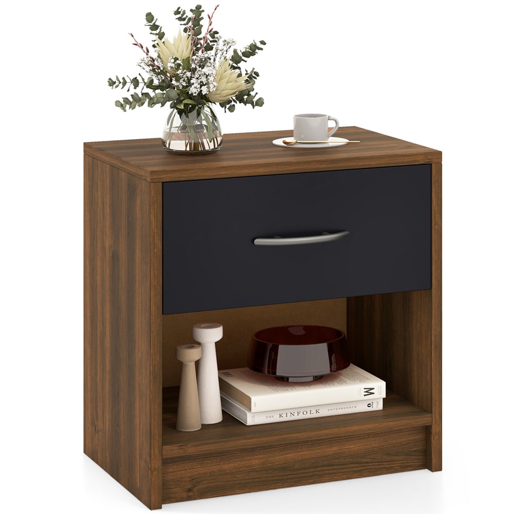 Costway Single Drawer Single Shelf Black and Brown Nightstand Image 2