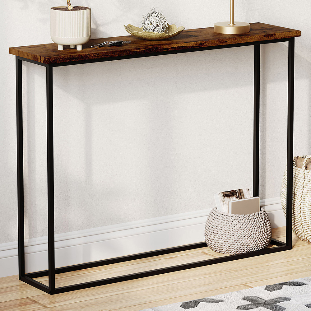 VIDA DESIGNS Rustic Brown and Black Metal Leg Console Table Image 1