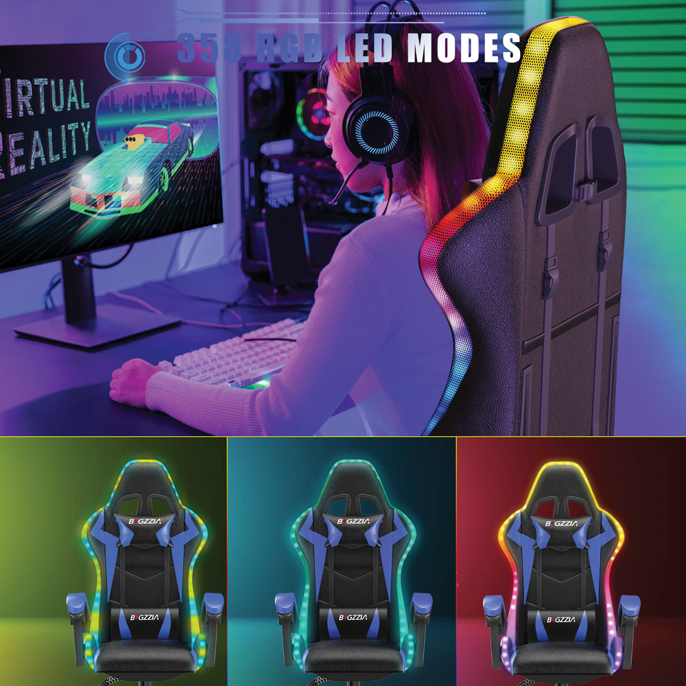 Rattrix Blue Height Adjustable Lumbar Backrest Gaming Chair with Headrest and LED Light Image 5