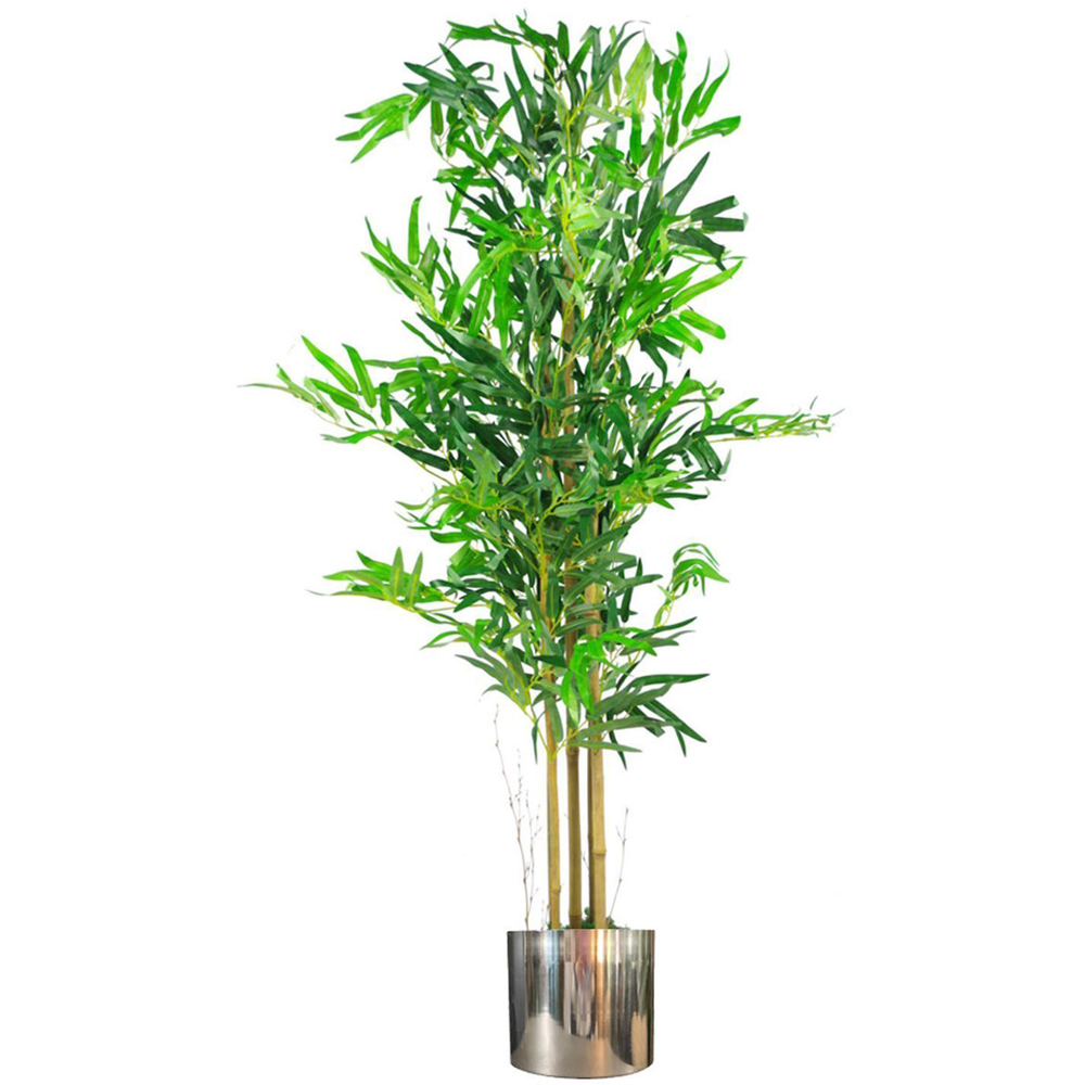 Leaf Natural Look Artificial Bamboo Plant Tree in Silver Metal Planter 4ft Image 1